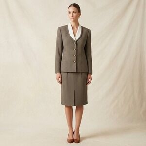 VTG Kasper for A.S.L 2 Pc Skirt Suit Set Brown Grid White Collar Sz 12 Large 90s